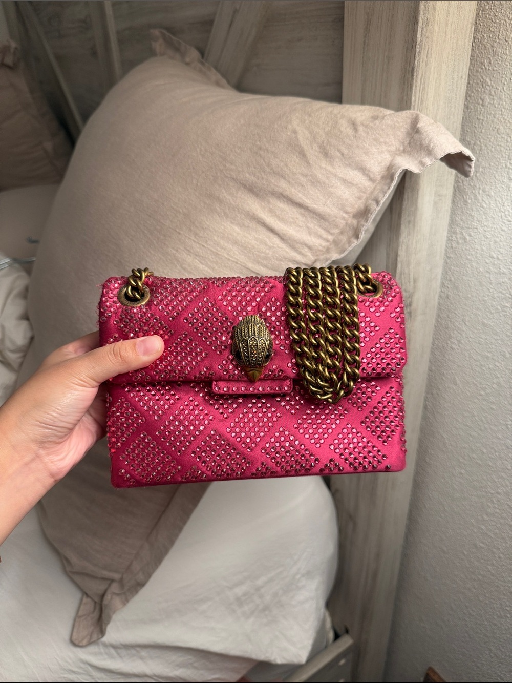 Kurt Geiger Fuchsia Studded Chain Flap Bag with Gold-Tone Hardware